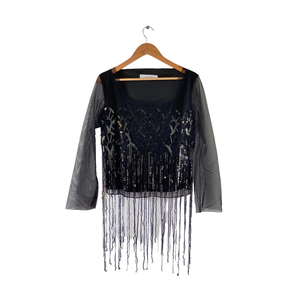 Pre-loved designer Luis Civit Women's Black Sequins Mesh Blouse UK Size 16 - Picture 1 of 17